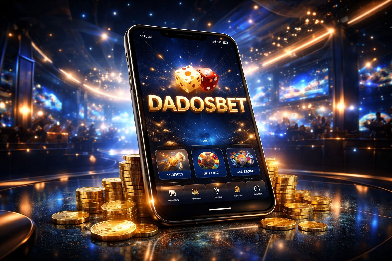 Smartphone mostrando la interfaz móvil DADOSBET con secciones de apuestas y casino en una escena moderna inspirada en Argentina.