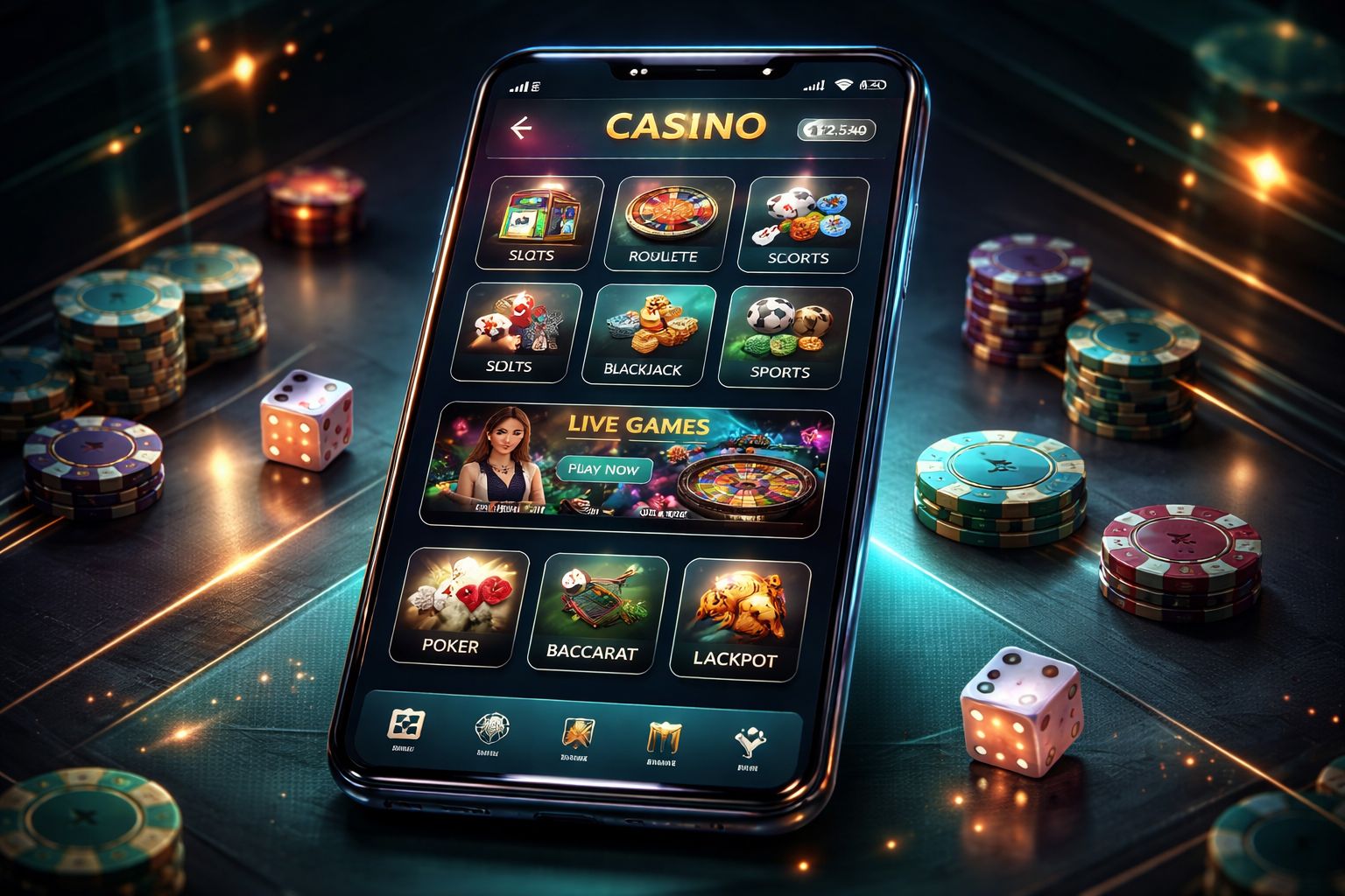 Dispositivo móvil con la app DADOSBET abierta, destacando navegación fluida y acceso rápido a juegos de casino para usuarios en Argentina.