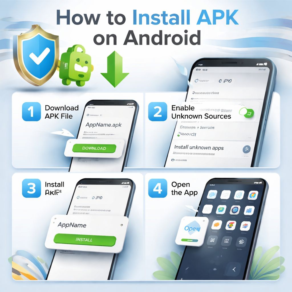 Proceso ilustrado de instalación móvil para el APK DADOSBET con pasos de configuración segura y un diseño limpio de juego.