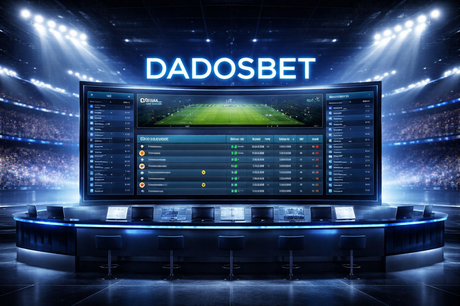 Interfaz de apuestas DADOSBET mostrada en una pantalla grande con iluminación de estadio y visuales deportivos de fondo.