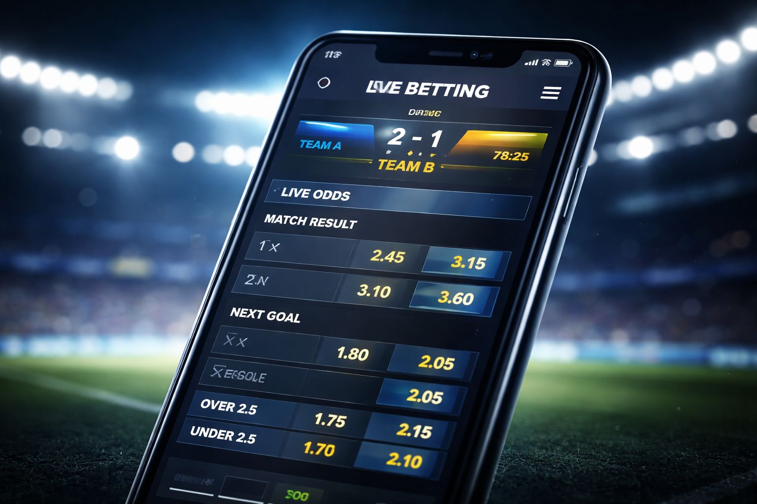 Pantalla móvil de casa de apuestas DADOSBET mostrando cuotas en vivo de partidos y datos deportivos en juego.