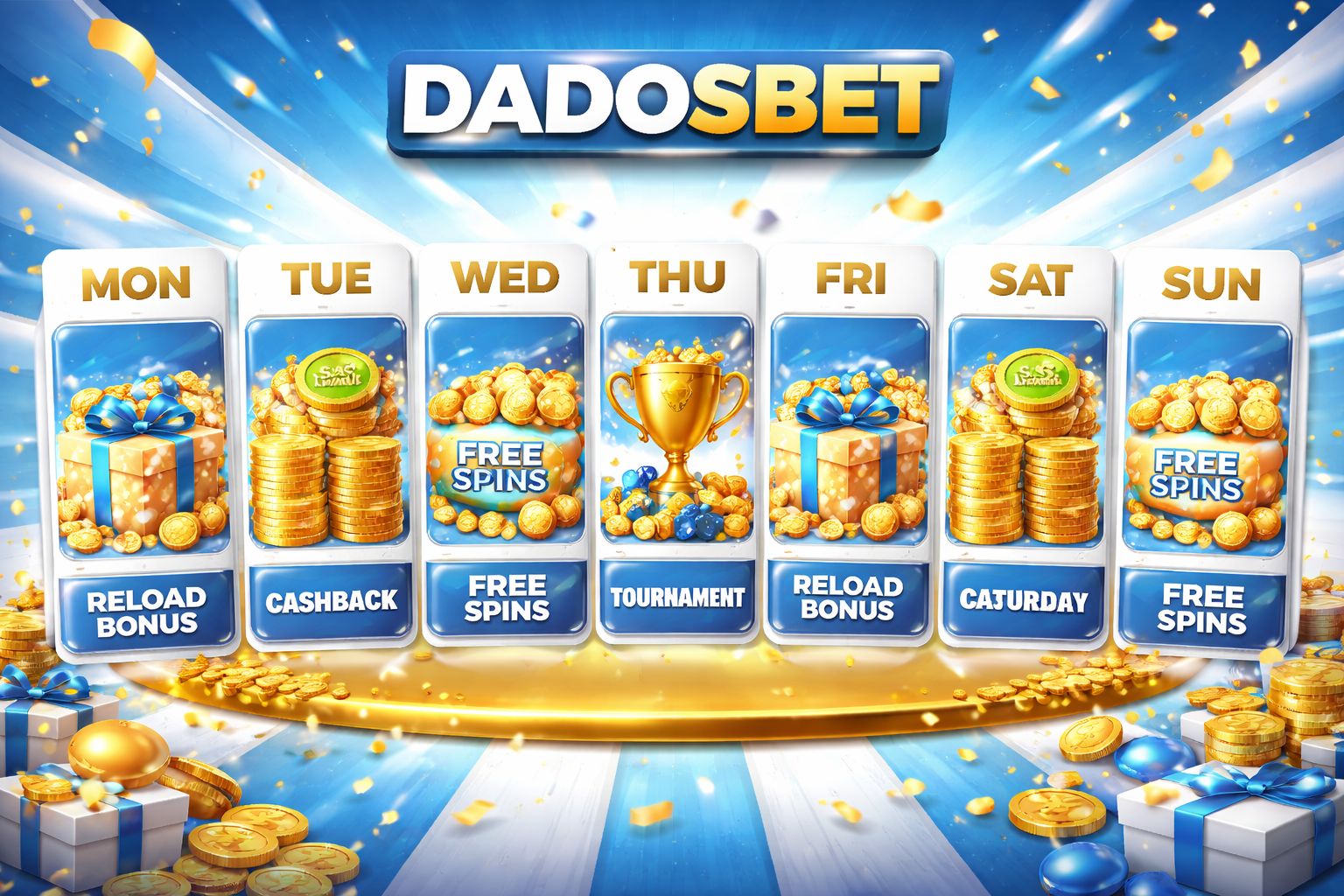 Calendario semanal de promociones DADOSBET con reembolsos, ofertas de recarga y eventos de giros gratis diseñados para jugadores en Argentina.