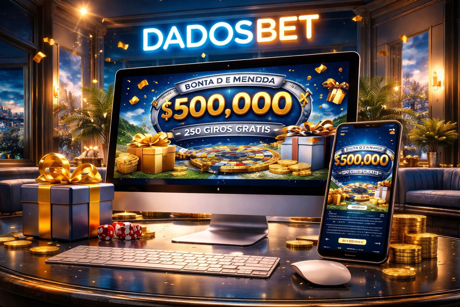 Interfaz promocional de bono DADOSBET con ofertas de bienvenida, destacados de reembolso y recompensas premium adaptadas para Argentina.