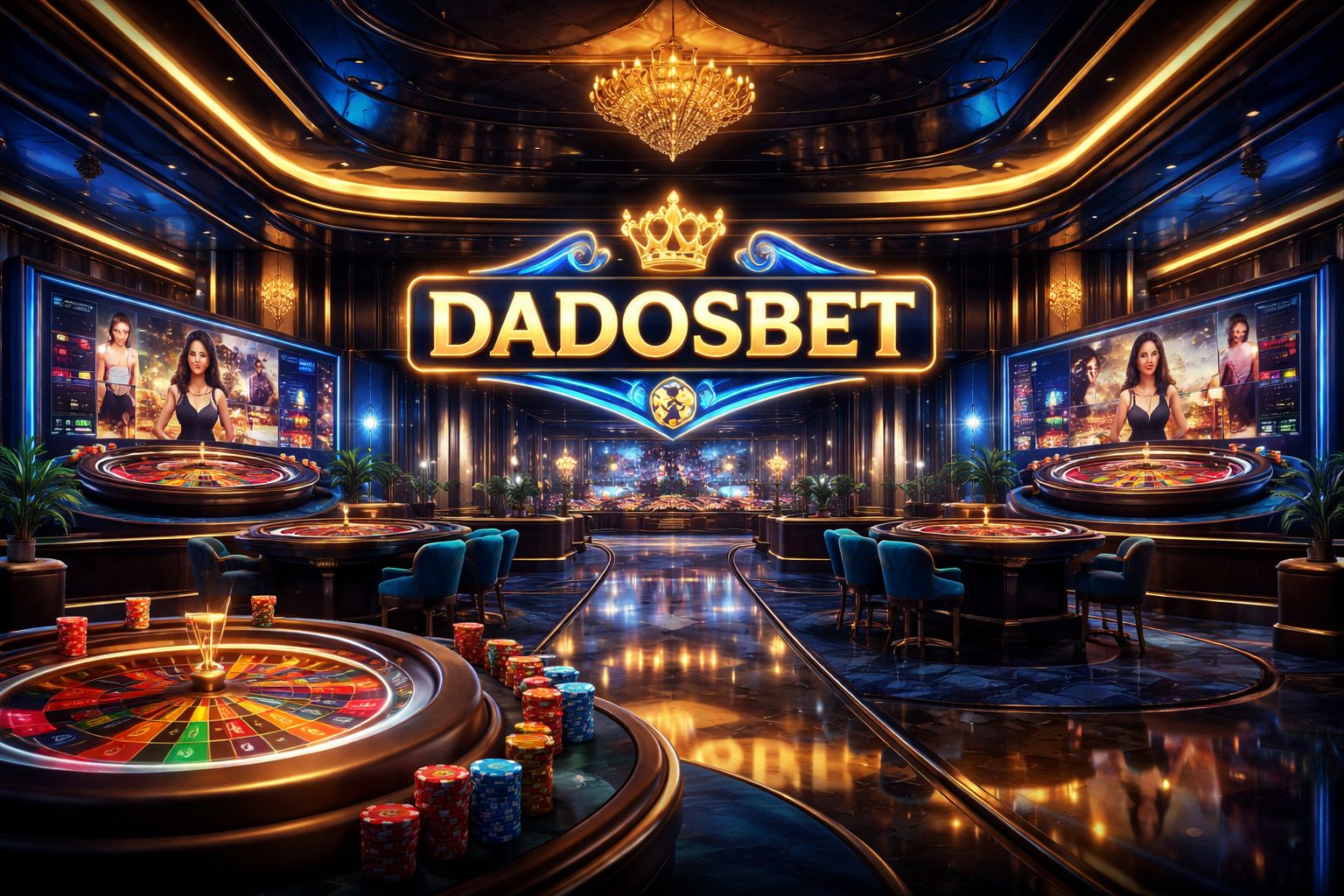 Lobby elegante de DADOSBET Casino con mesas en vivo y juegos digitales premium para Argentina.