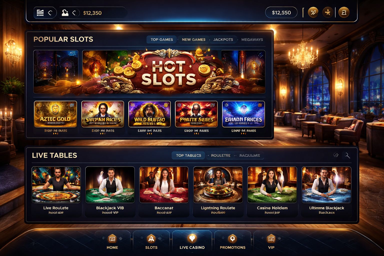 Juego inmersivo en DADOSBET Casino con mesas con crupier en vivo y selección de tragamonedas.
