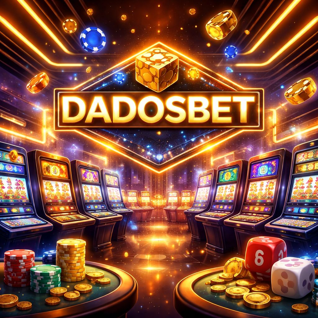 Una escena digital de juego colorida con DADOSBET mostrado prominentemente sobre pantallas vibrantes de casino y fichas brillantes.