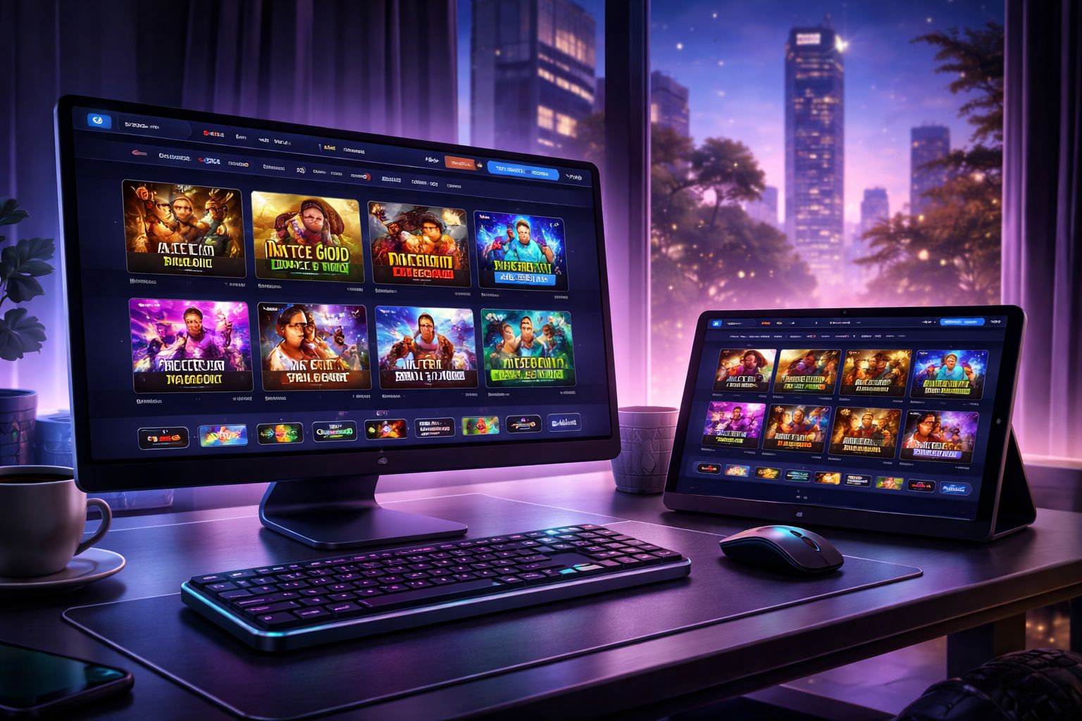 Interfaz moderna de juegos en múltiples pantallas presentando un amplio catálogo de juegos DADOSBET para jugadores en línea.