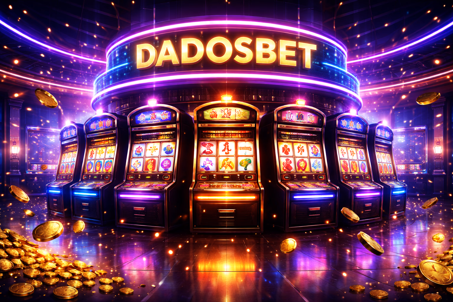 Rodillos modernos de tragamonedas con acentos neón brillantes, monedas flotantes e interfaz elegante estilo casino.